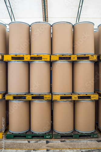 oil barrels or chemical drums stacked up, barrels made from fiber