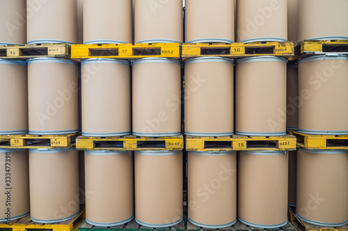 oil barrels or chemical drums stacked up, barrels made from fiber