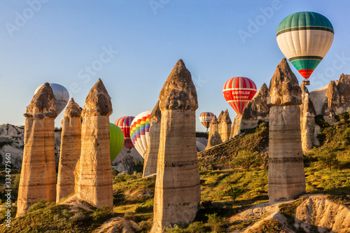 Flying balloons over unbelievable Love valley, Cappadocia, Turkey