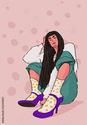 Stylish girl in socks and shoes sitting on the floor on beige background. Vector illustration for posters, wallpapers, magazines, backgrounds, etc.