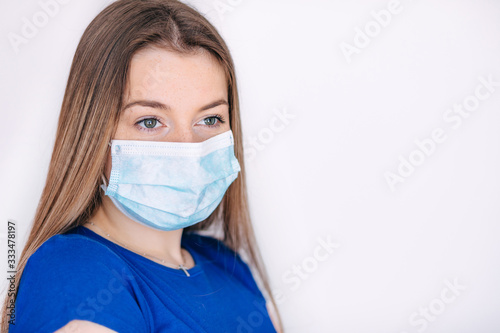 women doctor wear the medical mask to protect infection from germ, bacteria, covid19, corona , sars , influenza virus. copy space