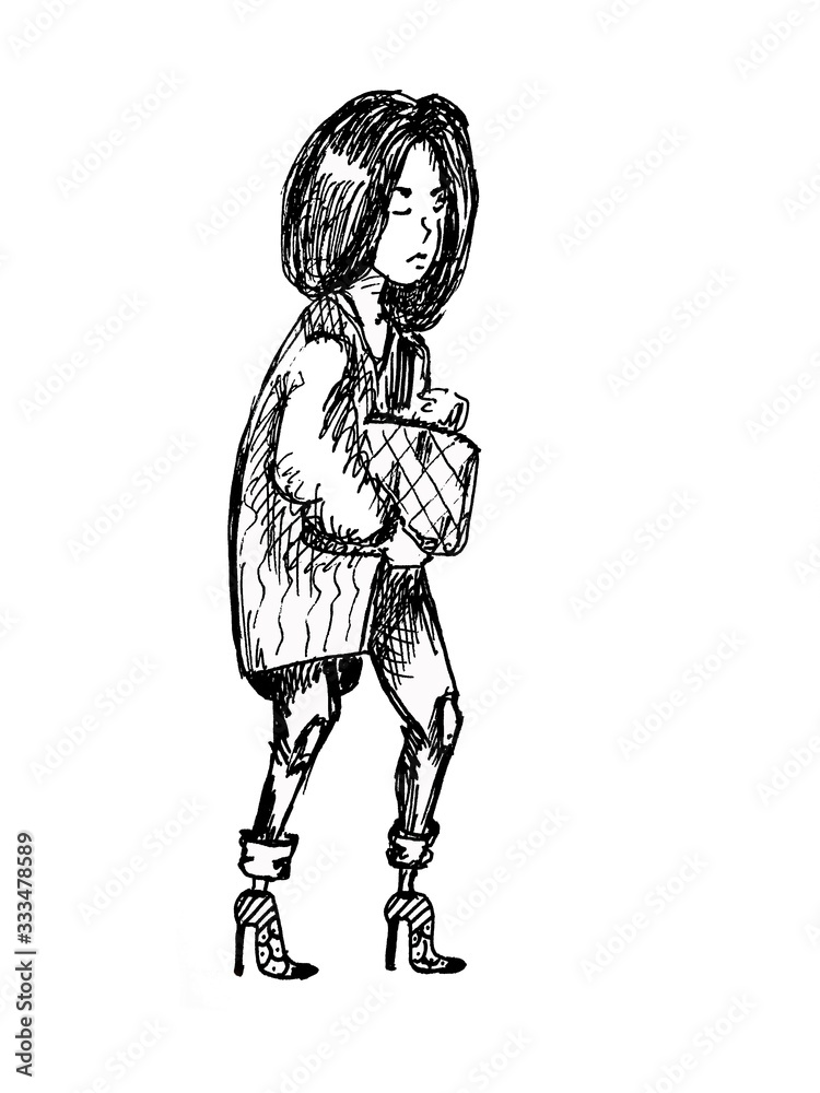 Fototapeta premium Hand drawn fashion sketch of a young slim woman on heels with a bag striding on white
