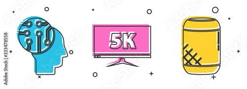Set Human brain as digital circuit board, Monitor display with 5k video and Voice assistant icon. Vector