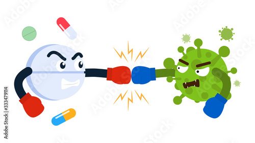 Cute Character cartoon pill wearing boxing gloves fight with virus - Vector illustration