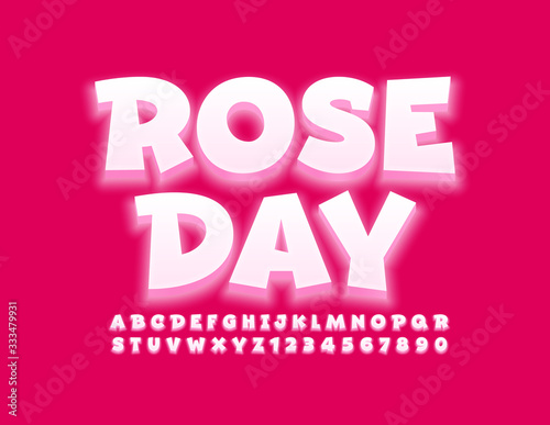 Vector greeting card Rose Day. Playful glowing Font. Creative Alphabet Letters and Numbers