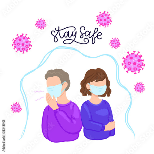 COVID-19 Wuhan Novel coronavirus 2019-nCoV, woman and man in shirt with blue medical face mask. Concept of coronavirus quarantine, stay safe inscription.