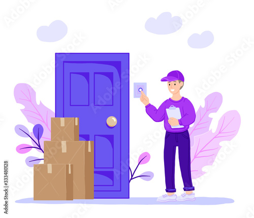 Smiling courier rings the door of the house. Express delivery of packages, goods to the home. Parcels delivery service. Vector illustration, flat design cartoon style. Online delivery