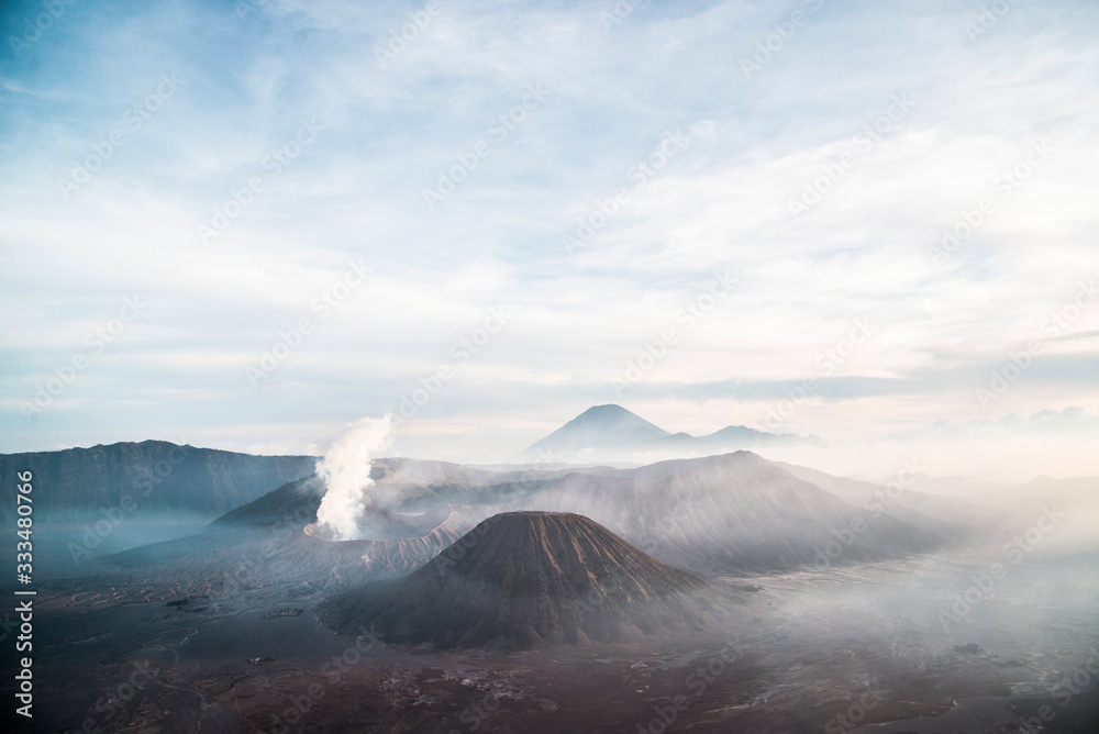 Smoky Sunrise over Mount Bromo Volcano