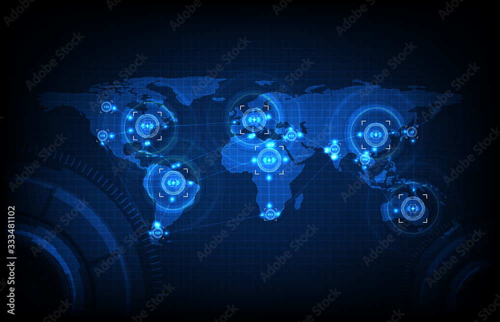 abstract background of blue world maps with futuristic technology target with connection line
