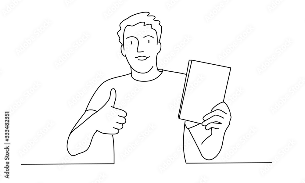 Man or student holding book and showing thumb up. Line drawing vector illustration. Man or student holding book and showing thumb up. Line drawing vector illustration.