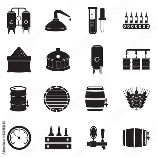 Brewing And Distilling Icons. Black Flat Design. Vector Illustration.