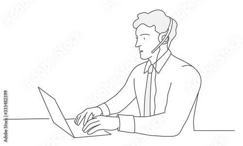 Customer support operator with hands-free and laptop. Hand drawn vector illustration.
