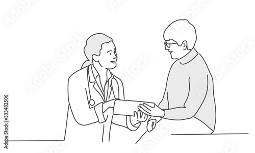 Hand drawn vector illustration of doctor with female patient.