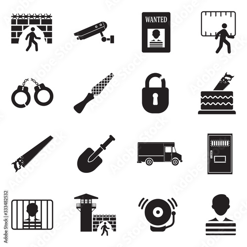 Prison Break Icons. Black Flat Design. Vector Illustration.
