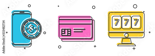 Set Online poker table game, Credit card and Online slot machine with lucky sevens jackpot icon. Vector