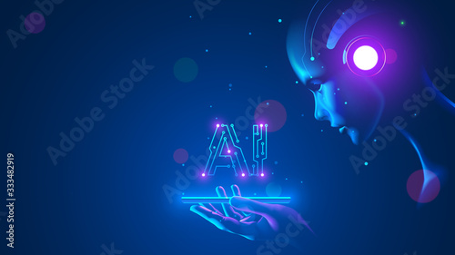 Cyborg woman look at logo AI hanging over phone. Abbreviation AI consists pcb elements. Artificial intelligence with beautiful face in blue virtual cyberspace leaning towards at screen smartphone. photo