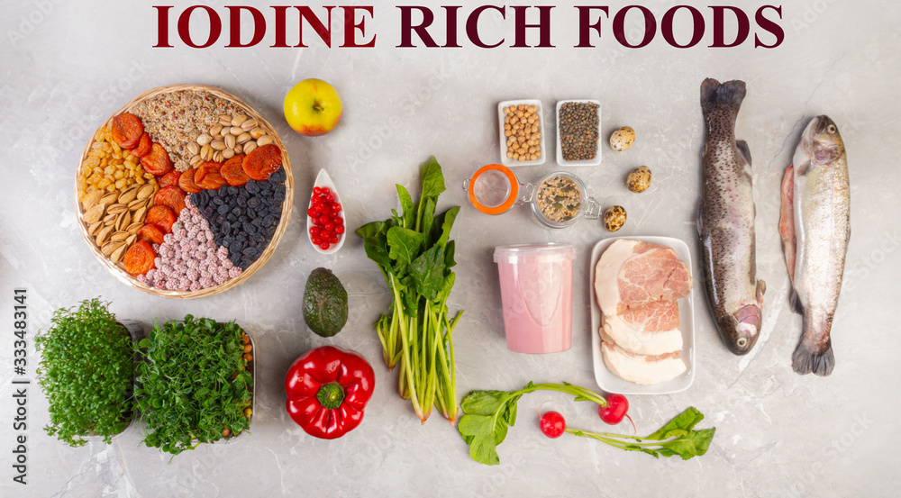 Products containing iodine on concrete background
