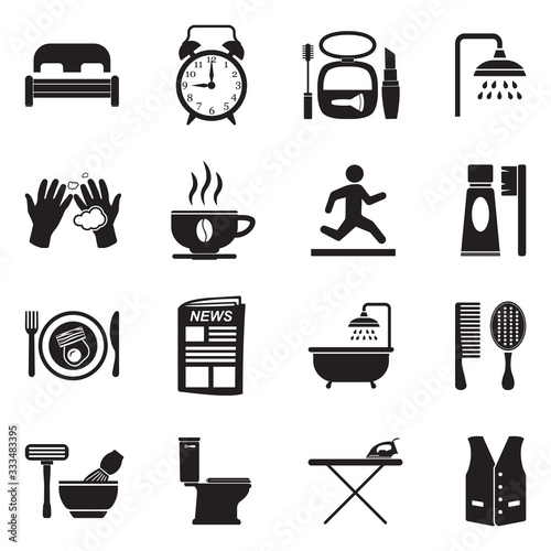 Morning Routine Icons. Black Flat Design. Vector Illustration.