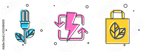 Set Light bulb with leaf, Recharging and Paper shopping bag with recycle icon. Vector
