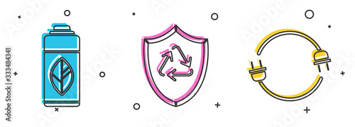 Set Recycling plastic bottle, Recycle symbol inside shield and Electric plug icon. Vector