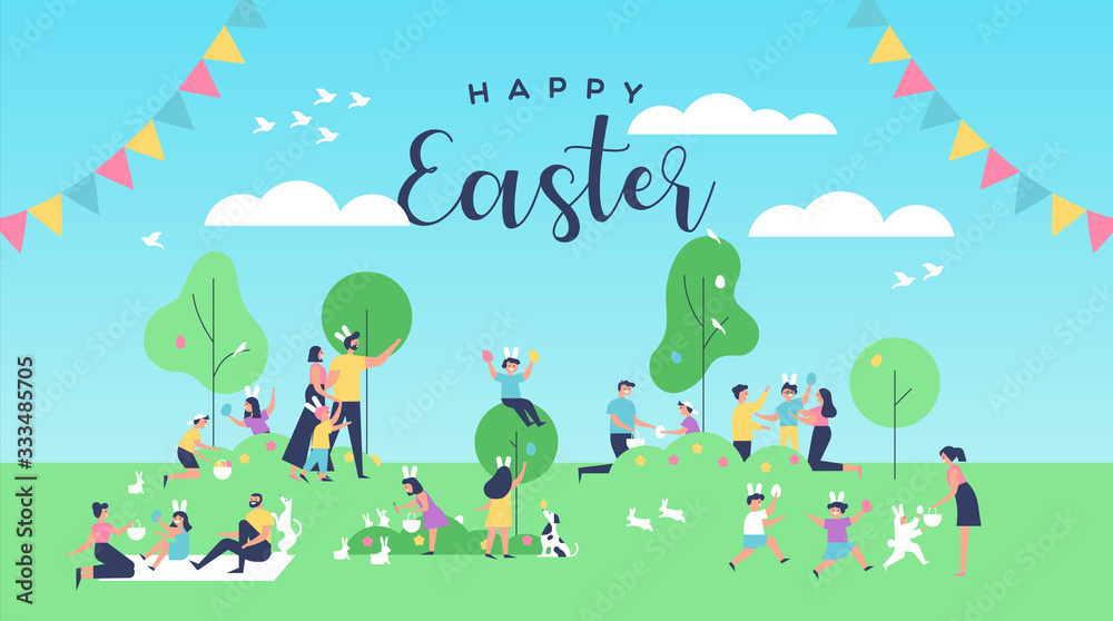 Happy easter card of funny people at spring park