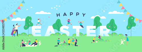 Happy easter banner of people in spring park