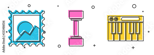 Set Picture landscape, Dumbbell and Music synthesizer icon. Vector