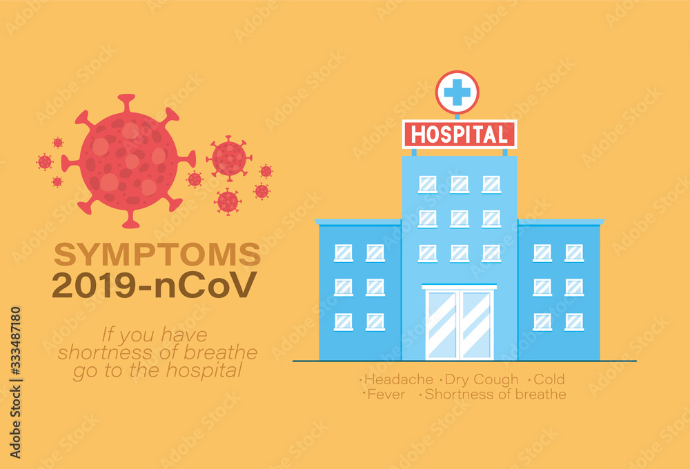Hospital and symptoms 2019 ncov virus text vector design Hospital and symptoms 2019 ncov virus text vector design