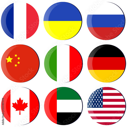 Set with country flags. USA, China, Russia, Ukraine, UAE, Italy, France, Germany, Canada.Concept of Coronavirus Spread, World Crisis. Vector flags in the shape of a circle isolated on white background