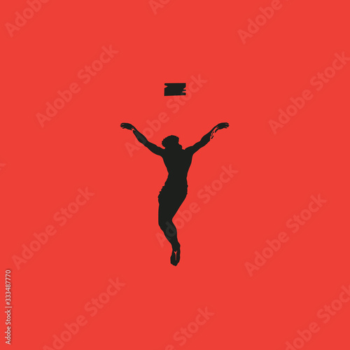 Vector illustration on the theme of Easter and Good Friday. Abstract religious banner with black silhouette of crucified Jesus Christ on the red background. Catholic and Christian symbol