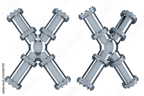 Letter X from steel pipes, 3D rendering