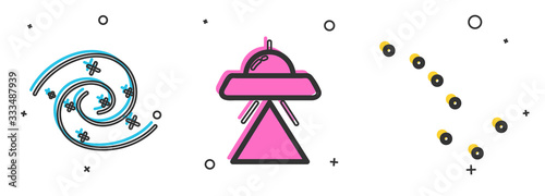 Set Black hole, UFO flying spaceship and Great Bear constellation icon. Vector