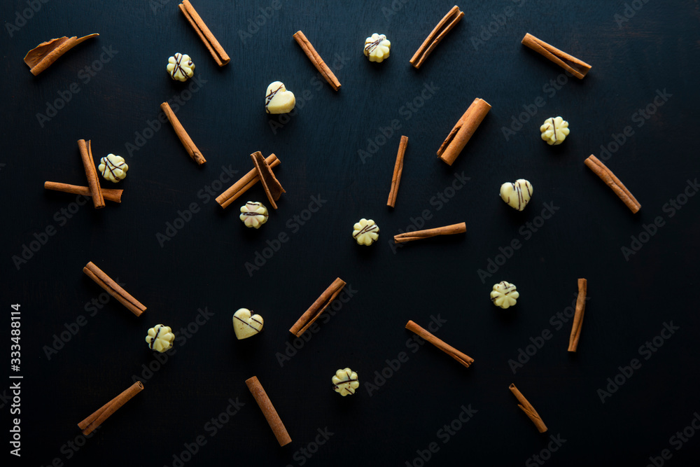 chocolate perlins with cinnamon, top view chocolate perlins with cinnamon, top view