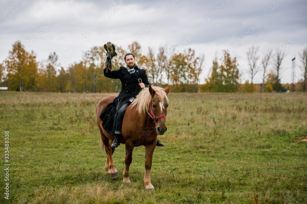 The concept of falconry. A man with a leather glove and a beautiful Falcon on handon a chestnut, red, and red horse