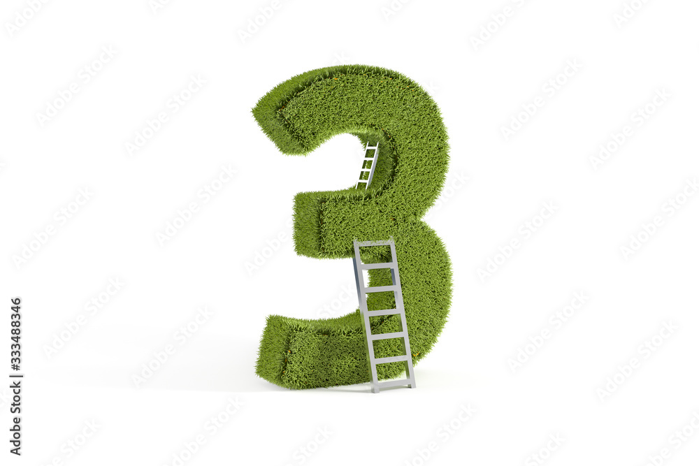 3D Rendering Green Color Number Three with Silver Step Ladder 3D Rendering Green Color Number Three with Silver Step Ladder