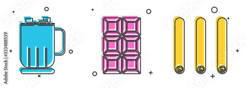 Set Hot chocolate cup with marshmallows, Chocolate bar and Three rolled sticks of cinnamon icon. Vector