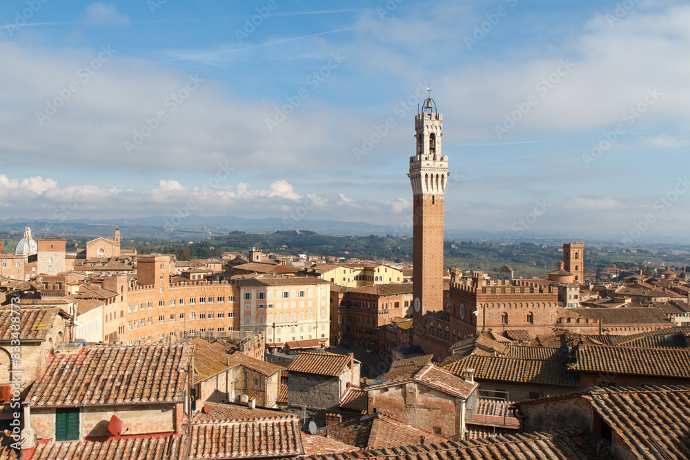 panoramic view of piazza del campo and the ancient tower