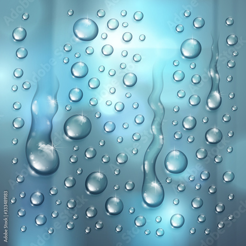 Water rain drops or condensation over blurred background beyond the window realistic transparent 3d vector illustration, easy to put over any background or use droplets separately.