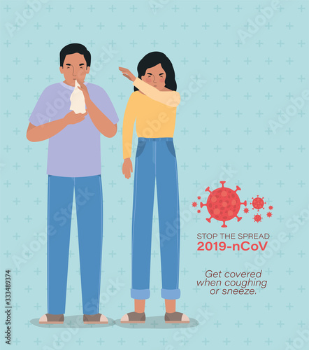 Man and woman with covid 19 virus coughing and sneezing vector design