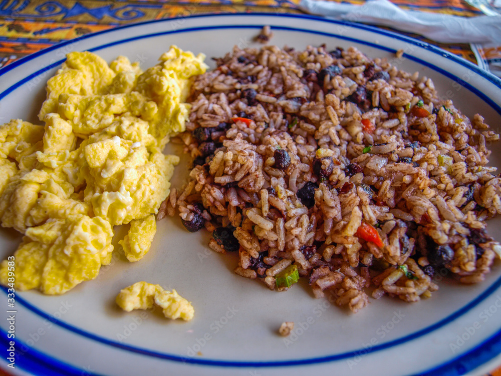 Gallo Pinto with scrambled eggs, traditional breakfast of Costa Rica