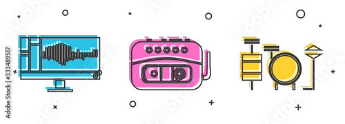 Set Sound or audio recorder on monitor, Music tape player and Drums icon. Vector