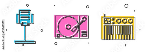 Set Music stand, Vinyl player with a vinyl disk and Music synthesizer icon. Vector