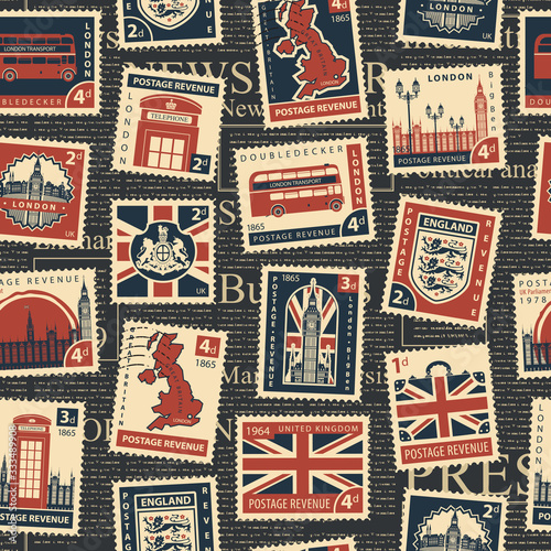 Vector seamless pattern on the theme of great Britain and London with postage stamps and postmarks on a black newspaper background in retro style. Suitable for Wallpaper, wrapping paper or fabric