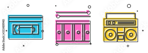 Set VHS video cassette tape, Drum with drum sticks and Home stereo with two speakers icon. Vector