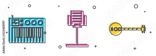 Set Music synthesizer, Music stand and Banjo icon. Vector