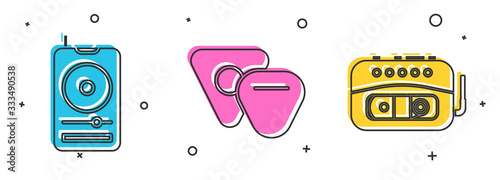 Set Music player, Guitar pick and Music tape player icon. Vector