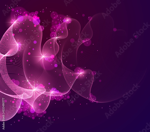 Dynamic magic wave transparent tulle textile on wind over dark, particles flow, effect in motion. Vector abstract background. 3d shape dots blended mesh, relaxing calming wallpaper.