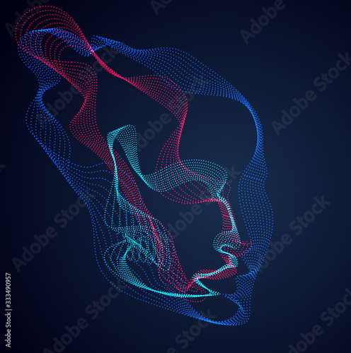 Beautiful vector human face portrait, artistic illustration of man head made of dotted particles array, Artificial Intelligence, pc programming software interface, digital soul.