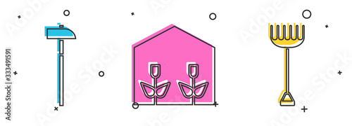 Set Hammer, Home greenhouse and plants and Garden rake icon. Vector