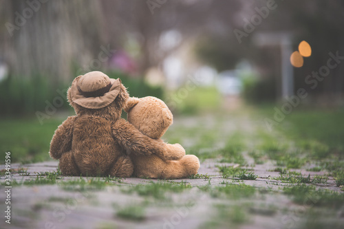 One teddy bear with his/her arm wrapped around a smaller teddy bear showing compassion on a grassy street